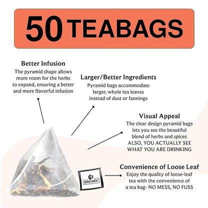 BREWIX, Peach Black Tea (50 Plant Based Pyramid Bags) | Premium Black Tea with Peach | Floral & Refreshing | Iced or Hot | Caffeinated And Sugar-Free