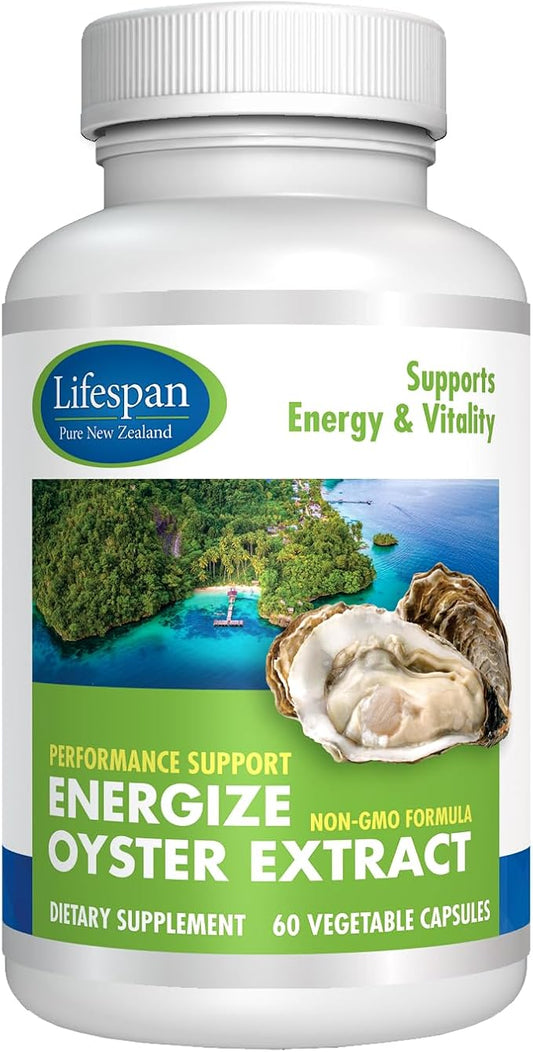 Energize Oyster Extract Supplement for Men & Women - Zinc, Taurine, Amino Acids - Supports Energy and Wellsness, Manufactured in USA, 500 mg, 60 Vegetable Capsules.