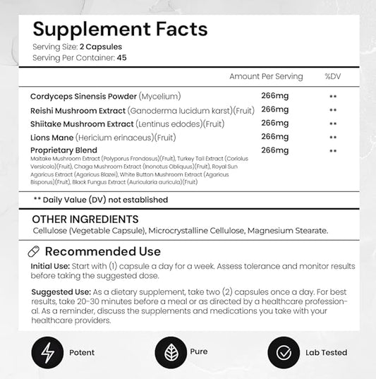 ACEWORKZ 10 Mushroom Complex Supplement - Lion’s Mane, Reishi, Cordyceps & More - Brain Health, Memory & Focus Nootropic - Energy & Immune Support (90 Capsules)