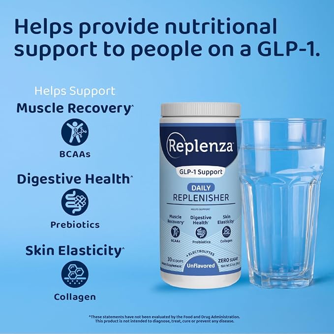 Replenza Daily Replenisher GLP-1 Nutritional Support, Powder, Muscle Recovery, Digestive Health & Skin Elasticity Mix of Amino Acids, Prebiotics and Collagen Peptides – Unflavored, 3 Pack