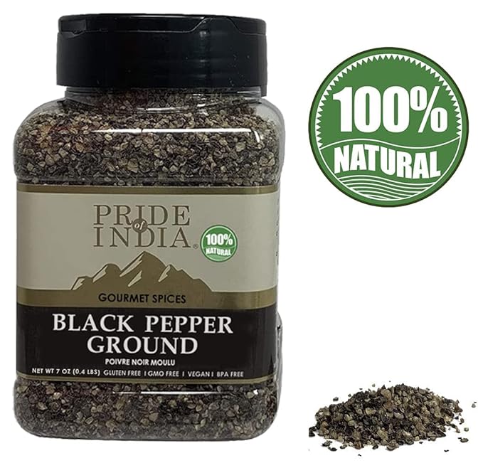 Pride of India - PACK of 6 - Black Pepper Ground – Ideal for Gourmet Dishes/Soups/Stews/Rubs – Fresh & Preservatives Free – Warming Spice – Easy to Store – 7oz. Medium Dual Sifter Jar