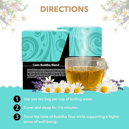 Buddha Teas - Calm Buddha Blend - Organic Herbal Tea - For Health & Wellbeing - Blend of Organic Herbs - Clean Ingredients - Caffeine Free - OU Kosher & Organic - Non-GMO - 18 Bleach-Free Tea Bags