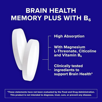 Qunol Brain Health Memory Plus with B6, Magnesium L-Threonate & Citicoline, Clinically Tested Ingredients to Improve Memory, Focus, Attention and Productivity, 60 Count (Pack of 1)