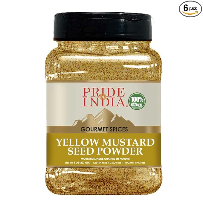 Pride Of India - PACK of 6 - Yellow Mustard Ground – Gourmet Spice - Ideal for Pickles/Mustard Dressing/Sauces/Hotdogs – Preservatives & Additives Free – Easy to Store – 8oz. Medium Dual Sifter