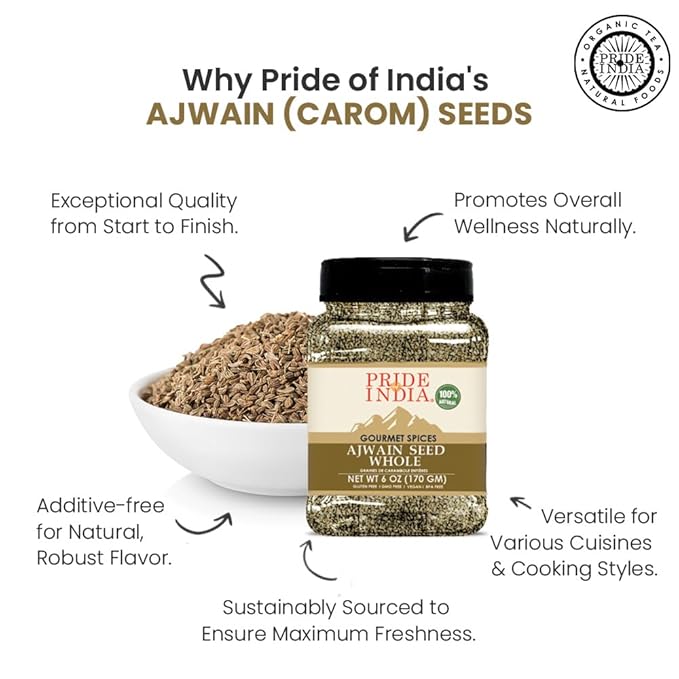 Pride of India | Ajwain Seed Whole 7 oz (200 gm) Medium Dual Sifter Jar | Gourmet Carom Seeds | Flavoring agent for Savory Dishes | Aromatic & Nutrient Dense | Easy to Use