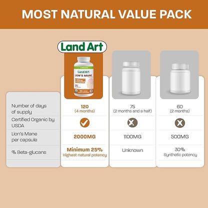 Land Art - Certified Organic Lion’s Mane – 2000mg – Memory, Focus & Mental Clarity – Nootropic Supplement for Cognitive Support – Multiple Extraction - Non-GMO - Vegan - Brain Health - 120 days supply