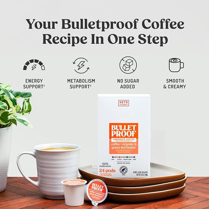 Bulletproof Coffee + Organic Grass-Fed Butter Single-Serve Pods, 10 Count, Keto Coffee, All-in-one Recipe with MCT Oil and Butter, Packaging May Vary