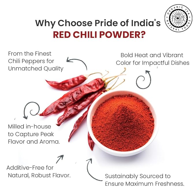 Pride Of India – Red Chili Ground – Traditional Indian Spice – Ideal for Gourmet & Savory Dishes Dishes – GMO/Gluten Free – Easy to Store - 8oz. Medium Dual Sifter Jar