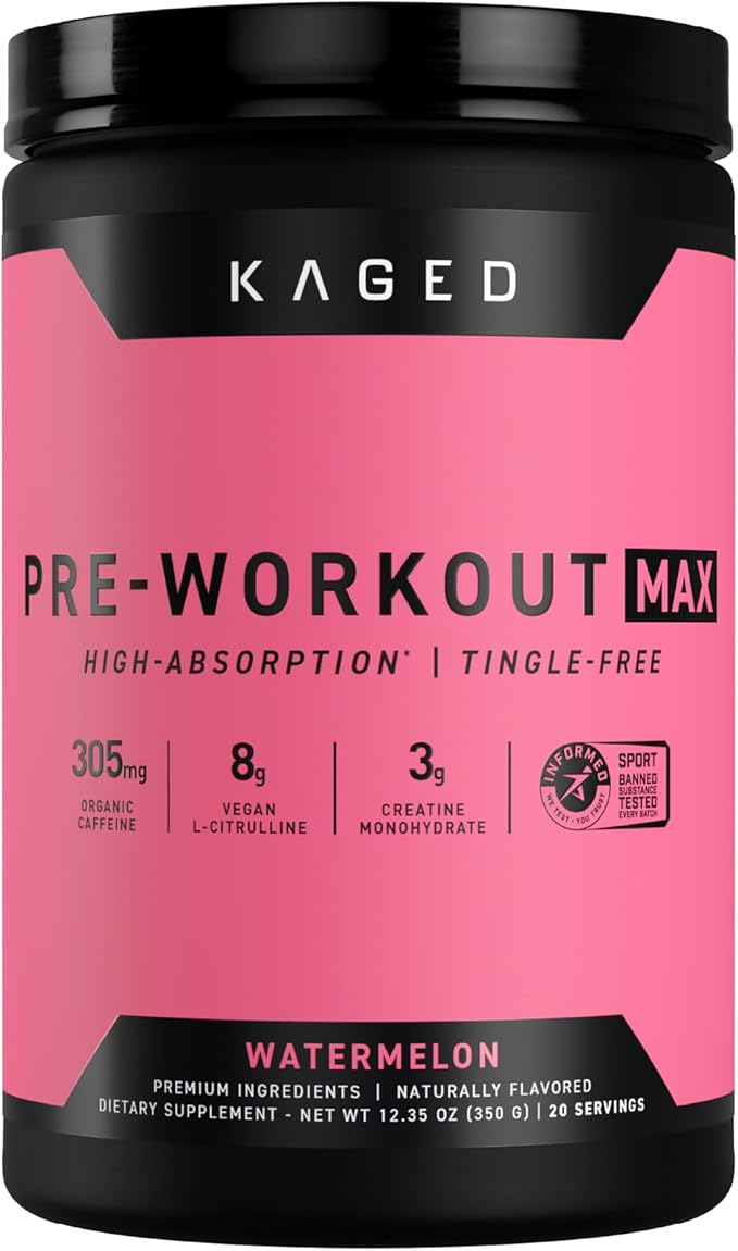 Kaged Pre Workout MAX Powder | Watermelon | Tingle Free, High Stim Pre-Workout | 305 mg Caffeine, Creatine, L-Citrulline | MAXCatalyst for Absorption | Supplements for Men & Women | 20 Servings