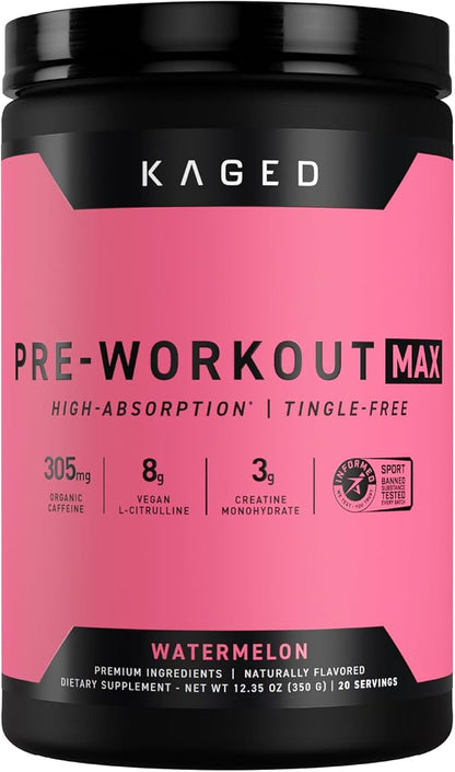 Kaged Pre Workout MAX Powder | Watermelon | Tingle Free, High Stim Pre-Workout | 305 mg Caffeine, Creatine, L-Citrulline | MAXCatalyst for Absorption | Supplements for Men & Women | 20 Servings