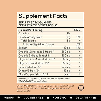 TrueMushroom - Immunity, Focus & Memory, Energy Mushroom Gummies with Lion’s Mane, Cordyceps, Reishi, Shiitake All-Natural Supplement with Ginger & Turmeric. Ginger Mango Flavor (60 Count)