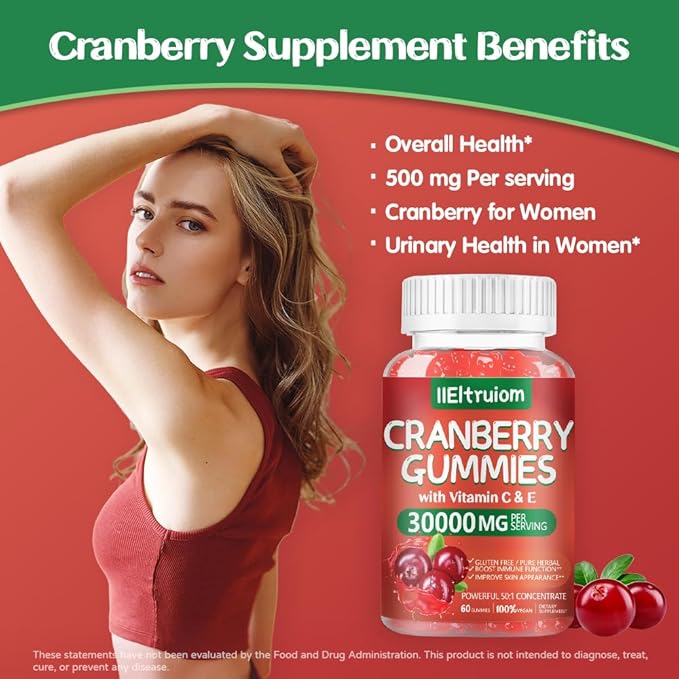 Cranberry Gummies Urinary Tract Health for Women & Men, 50X Concentrate Extrac, Vitamin C & E, Cranberry Gummies for Women with Hibiscus to Support Immune, 60 Counts