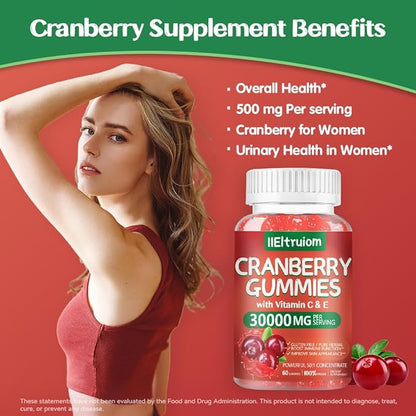 Cranberry Gummies Urinary Tract Health for Women & Men, 50X Concentrate Extrac, Vitamin C & E, Cranberry Gummies for Women with Hibiscus to Support Immune, 120 Counts