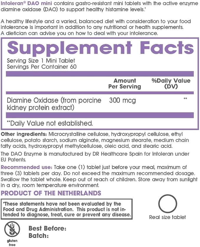 DAO Mini Digestive Enzymes - 60 Tablets | Supplement for Histamine Intolerance & DAO Deficiency | Healthy Histamine Levels | 30,000 HDU Pure Diamine Oxidase (DAO) Enzyme | Coated