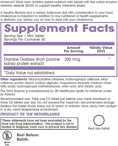 DAO Mini Digestive Enzymes - 60 Tablets | Supplement for Histamine Intolerance & DAO Deficiency | Healthy Histamine Levels | 30,000 HDU Pure Diamine Oxidase (DAO) Enzyme | Coated