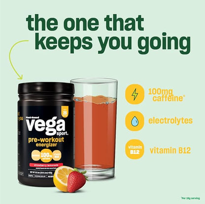Vega Sport Energizer, Acai Berry, Pre Workout Powder for Women and Men, Supports Energy and Focus, Electrolytes, Vegan, Keto, Gluten Free, Dairy Free, Non GMO (25 Servings) , 1.01 Pound (Pack of 1)