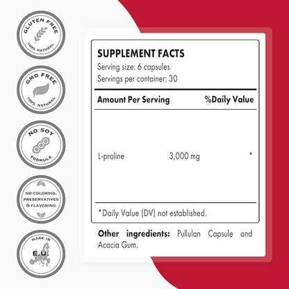 Supersmart - L-Proline 3000mg per Day (High Strength) - Normal Collagen Production - Amino Acid Proline Supplement | Non-GMO & Gluten Free - 180 Vegetarian Capsules