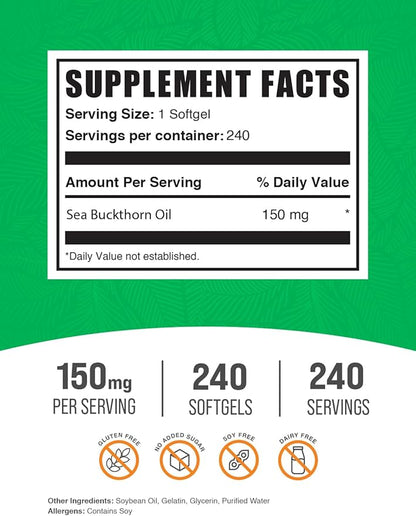 BulkSupplements.com Sea Buckthorn Oil Softgels - Sea Buckthorn Oil Supplement, Omega 7 Supplement, Herbal Supplement - Gluten Free, 1 Softgel (150mg) per Serving, 240 Softgels (Pack of 1)