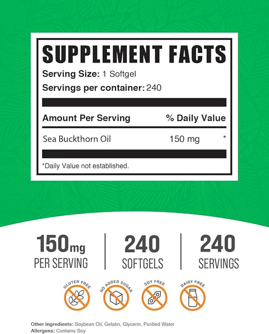 BulkSupplements.com Sea Buckthorn Oil Softgels - Sea Buckthorn Oil Supplement, Omega 7 Supplement, Herbal Supplement - Gluten Free, 1 Softgel (150mg) per Serving, 240 Softgels (Pack of 1)