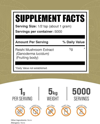 BulkSupplements.com Reishi Mushroom Extract Powder - Reishi Mushroom Powder, Supplement for Overall Well-Being - Gluten Free, 1g per Serving, 1kg (Pack of 5) (11 lbs)