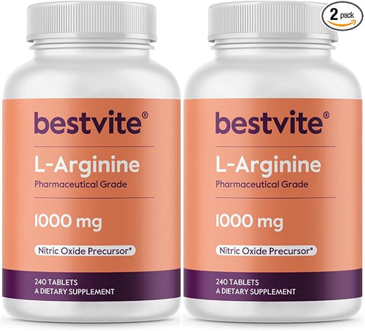 BESTVITE L-Arginine 1000mg per Tablet (480 Tablets) (240 x 2) – Pharmaceutical Grade – Contains 20% More Pure Arginine Compared to Arginine HCl – Nitric Oxide Precursor*