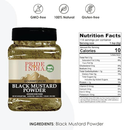 Pride Of India- Organic Black Mustard Seed Ground - 18 oz (510gm) Large Dual Sifter Jar - Certified Pure Indian Vegan Spice- Best for Pickling, Chutney, Indian Food- Offers Best Value for Money