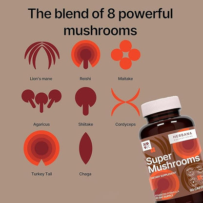Super Mushrooms 8-in1 Capsules - Brain Booster & Immune Support Drops - Reishi, Lion`s Mane, Cordyceps, Chaga, Mitake, Turkey Tails, Shiitake, Agaricus - High Potency Extract 90 Capsules