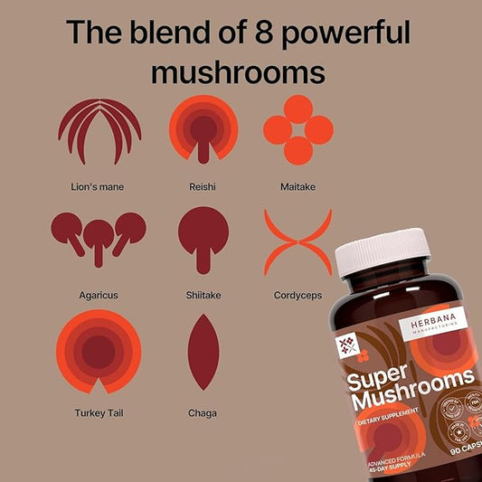 Super Mushrooms 8-in1 Capsules - Brain Booster & Immune Support Drops - Reishi, Lion`s Mane, Cordyceps, Chaga, Mitake, Turkey Tails, Shiitake, Agaricus - High Potency Extract 90 Capsules