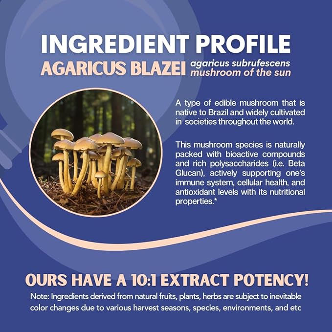 Agaricus Blazei Organic Mushroom Extract for Immune & Energy Support - 30% Polysaccharides & 180 Veggie Capsules - Non-GMO, Gluten-Free, Vegan-Friendly Supplement
