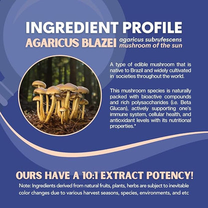 Agaricus Blazei Organic Mushroom Extract for Immune & Energy Support - 30% Polysaccharides & 180 Veggie Capsules - Non-GMO, Gluten-Free, Vegan-Friendly Supplement