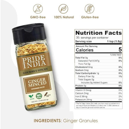 Pride of India – Ginger Minced Whole – Gourmet Spice – Rich in Antioxidant – Potent Flavor - Great for Adding Flavor to Stir Fries & Sauces – Easy to Use – 1.9 oz. Small Dual Sifter Bottle