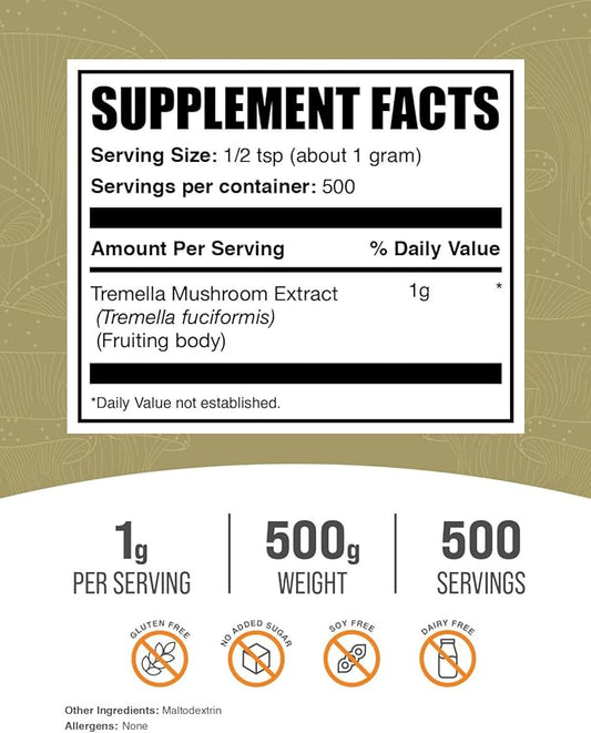 BulkSupplements.com Tremella Mushroom Extract - Tremella Fuciformis Extract, Mushroom Supplement - Vegan & Gluten Free, 1g per Serving, 500g (1.1 lbs) (Pack of 1)