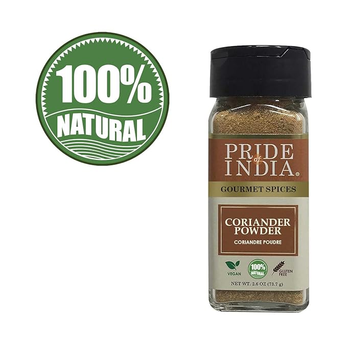 Pride of India – Coriander Seed Ground – Authentic Indian Spice – Freshly Packed Gourmet Spice – Must Ingredient in Indian & Middle Eastern Cuisines – Easy to Use – 2.6 oz. Small Dual Sifter Jar