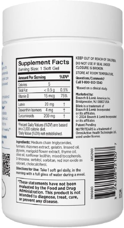 BLINK NutriTears Clinically Proven Supplement for Dry Eyes, 50 Softgels, Eye Care Supplement to Hydrate Eyes from Within for Long Lasting Relief You Can Feel