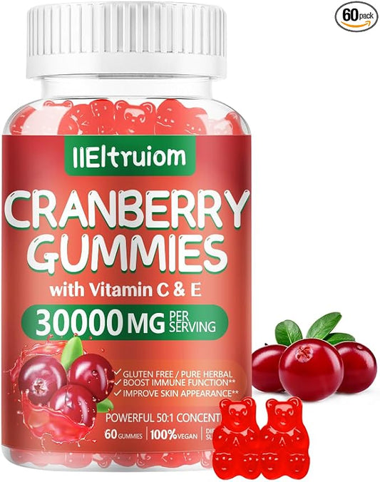 Cranberry Gummies Urinary Tract Health for Women & Men, 50X Concentrate Extrac, Vitamin C & E, Cranberry Gummies for Women with Hibiscus to Support Immune, 60 Counts