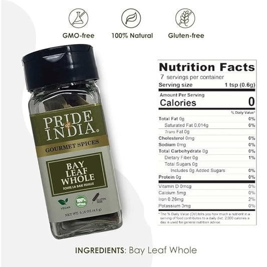 Pride of India – Bay Leaf Whole – Authentic Indian Culinary Spice/ Premium Quality – Gourmet & Preservatives Free – Easy to Use – 0.15 oz. Small Dual Sifter Jar