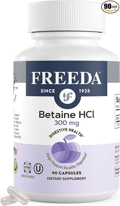 Freeda Betaine HCl - Vegan Betaine Supplement Digestive Supplement for Healthy Digestion - Organic Vegetarian Formula, Does Not Contain Pepsin (90 Capsules)