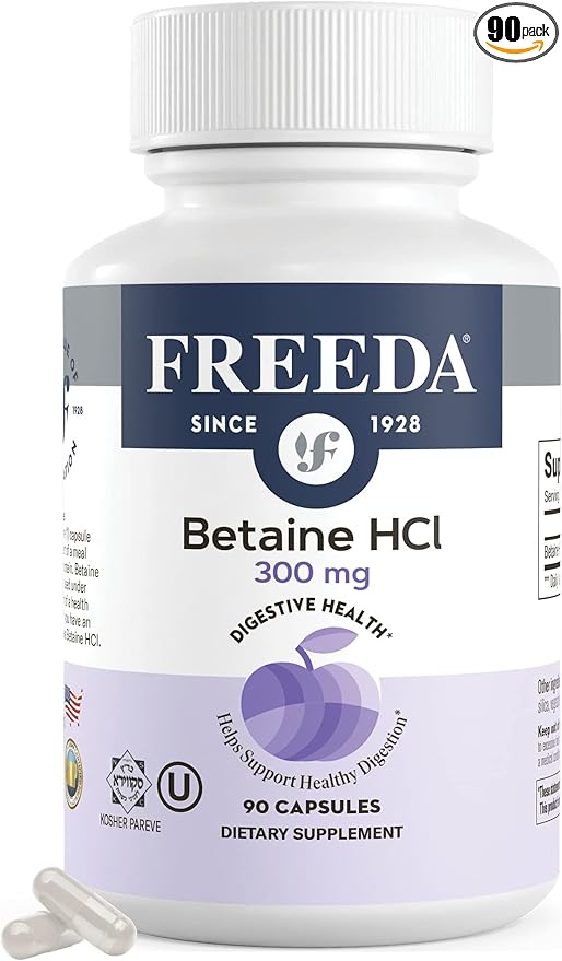 Freeda Betaine HCl - Vegan Betaine Supplement Digestive Supplement for Healthy Digestion - Organic Vegetarian Formula, Does Not Contain Pepsin (90 Capsules)