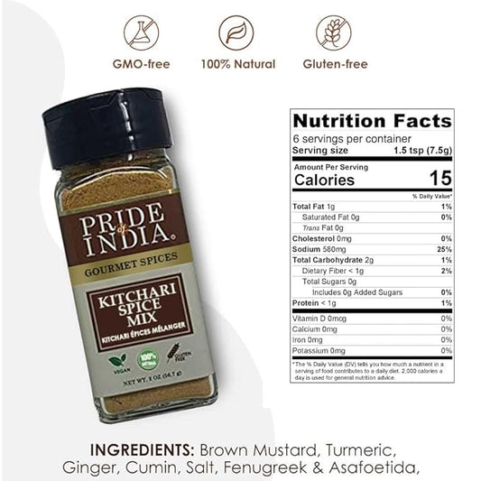 Pride of India - Kitchari Spice Seasoning – Made with Authentic Indian Spices – Good for Health Cleanse & Diet – Easy to Use – 2 oz. Small Dual Sifter Bottle