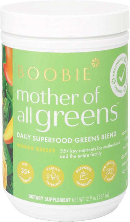 Boobie Mother of All Greens | Your New Family Ritual, Daily Super Greens Powder with 35+ Essential Nutrients for Moms & Families | Vegan, Gluten Free, & Sugar Free | Mango Flavor, 60 svgs