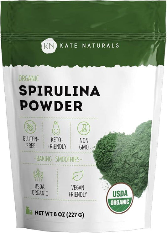 Kate Naturals Organic Spirulina Powder for Immune Support and Antioxidants. Nutrient Dense Superfood Supplement (8 oz, USDA Certified, Non-GMO, Gluten- Free)