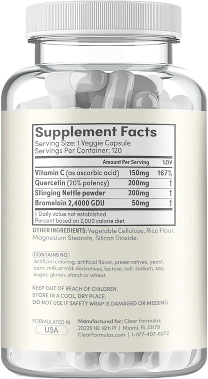 Histamine Guard Immune Support Supplement - Herbal Sinus Respiratory and Immunity Support Histamine Blocker with Stinging Nettle Vitamin C Bromelain and Quercetin Complex - Non-Drowsy (120 Capsules)