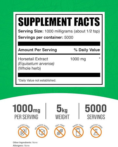 BulkSupplements.com Horsetail Extract Powder - Horsetail Supplement, from Horsetail Herb - Silica Supplements, Gluten Free, 1000mg per Serving, 5kg (11 lbs) (Pack of 5)