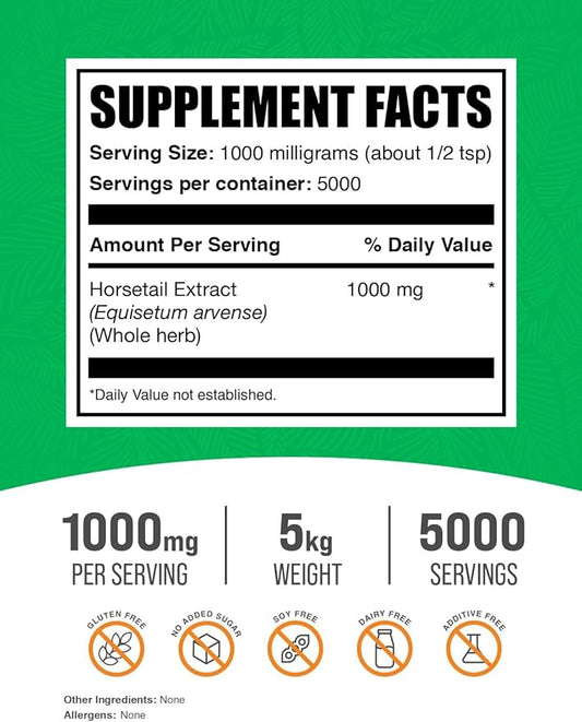 BulkSupplements.com Horsetail Extract Powder - Horsetail Supplement, from Horsetail Herb - Silica Supplements, Gluten Free, 1000mg per Serving, 5kg (11 lbs) (Pack of 5)
