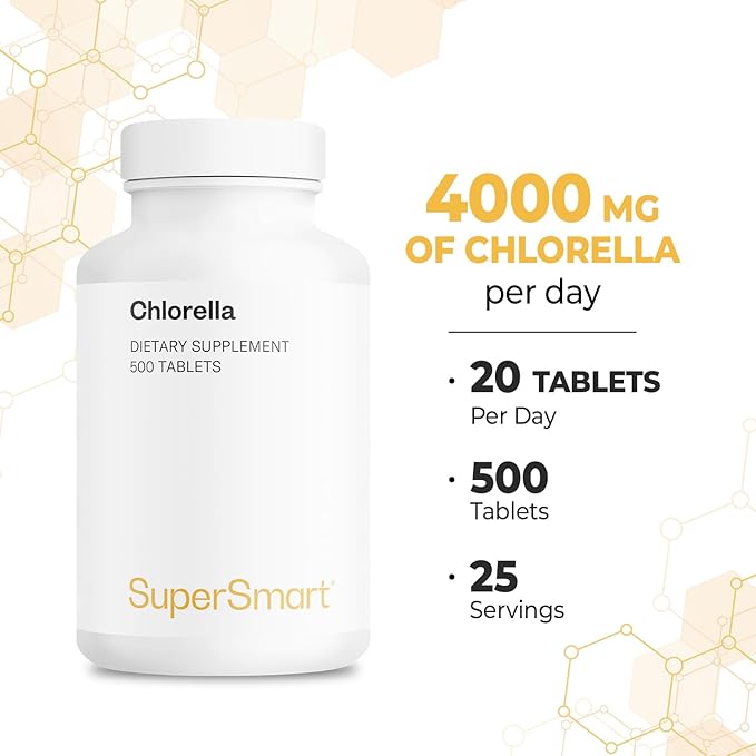 Supersmart - Chlorella Supplement 4 g per Day (Easy-to-Take) - Rich in Vitamin B2, B9, B12 & Iron - High Chlorophyll Concentration | Non-GMO & Gluten Free - 500 Tablets