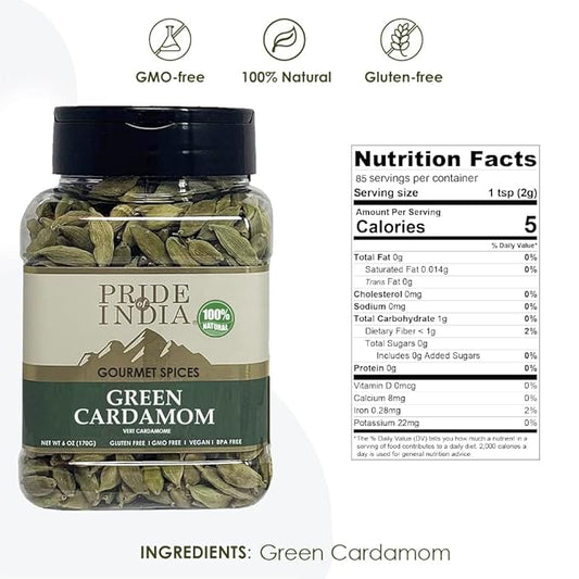 Pride of India - PACK of 6 - Green Cardamom Whole – Gourmet & Aromatic Spice – Flavoring agent for bakes/teas/drinks & more – Full Bodied Green Pods – 6 oz. Medium Dual Sifter Jar