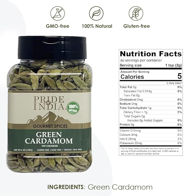 Pride of India – Green Cardamom Whole – Gourmet & Aromatic Spice – Flavoring agent for bakes/teas/drinks & more – Full Bodied Green Pods – 6 oz. Medium Dual Sifter Jar