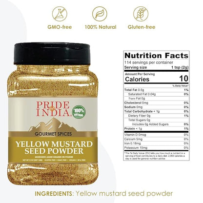Pride Of India - PACK of 6 - Yellow Mustard Ground – Gourmet Spice - Ideal for Pickles/Mustard Dressing/Sauces/Hotdogs – Preservatives & Additives Free – Easy to Store – 8oz. Medium Dual Sifter