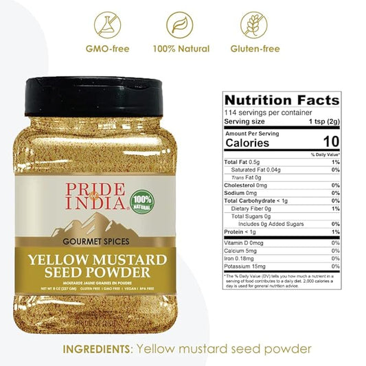 Pride Of India – Yellow Mustard Ground – Gourmet Spice - Ideal for Pickles/Mustard Dressing/Sauces/ Hotdogs – Preservatives & Additives Free – Easy to Store – 8oz. Medium Dual Sifter