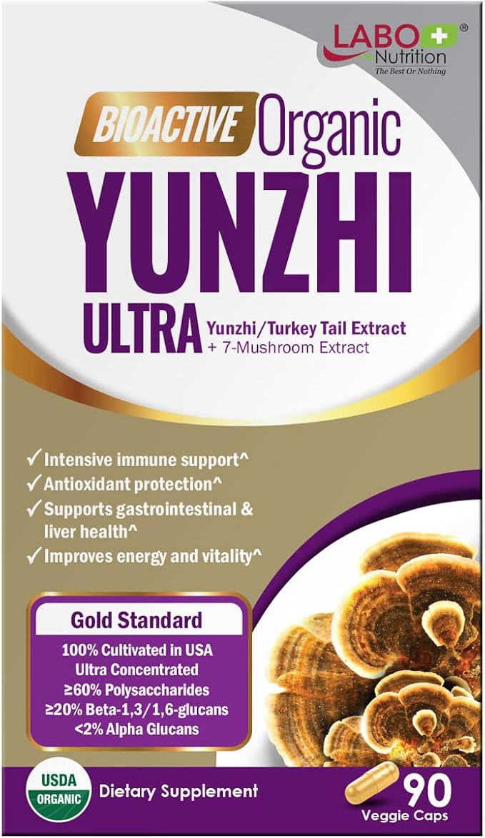 LABO Nutrition Bioactive Organic Yunzhi/Turkey Tail Ultra - 7 Mushroom Extract Supplement, Turkey Tail Cordyceps Maitake Reishi Agaricus blazei Shiitake for Immunity No Fillers Vegan USDA Organic